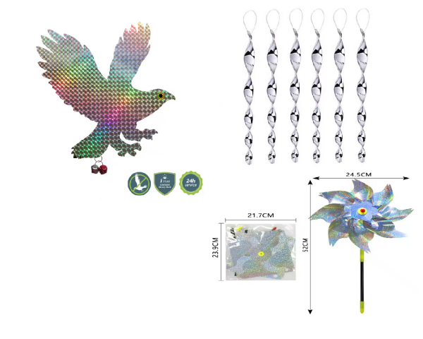KUŞ KOVUCU  3'lü paket rüzgar gülü,spiral çubuklar,hologram şahin